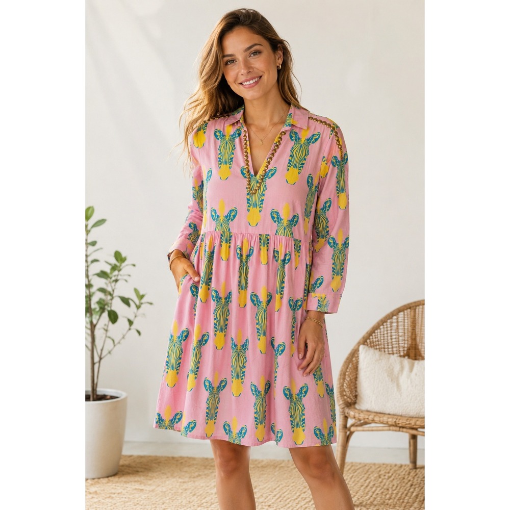 Sheridan French Pink Zebra Print Studded V-Neck Mini Dress Long Sleeve Womens S